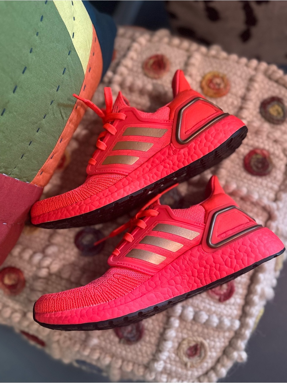 Adidas Women’s Ultra Boost Neon Red Knit Comfort Running Sneakers Gold Stripes - Picture 5 of 10